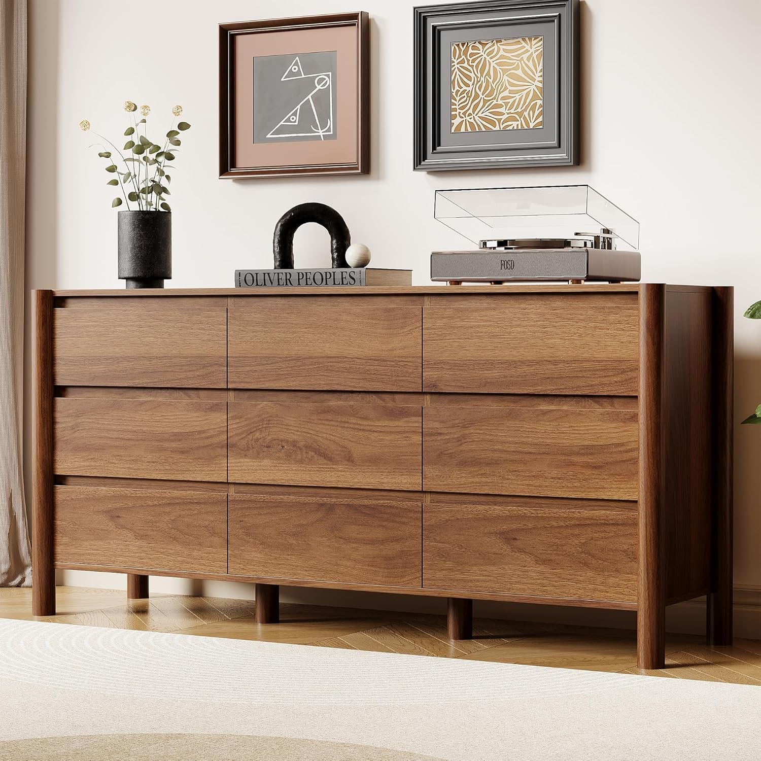 HOUROM Walnut Dresser for Bedroom,63″Wide 9 Drawer Mid Century Modern Chest | 63 inch wide dresser with 9 spacious drawers,solid wood legs and concealed handles.Large walnut storage design for bedrooms