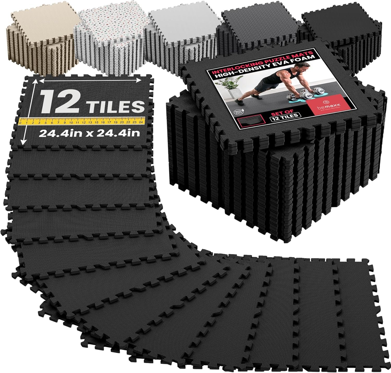 bemaxx Gym Mats Set – 12 pcs EVA Interlocking Foam Floor Tiles (24.4″x24.4″x0.4″) 48 sqft Protective Gym Flooring Sports Home Workout Exercise Mats Puzzle Garage Fitness Play-Room Pool Treadmill Bike