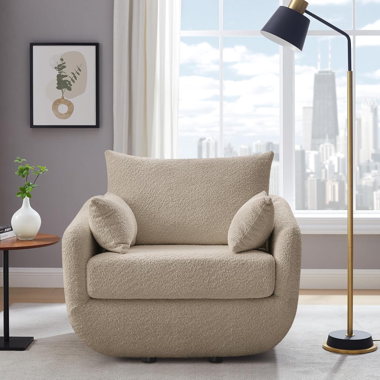 360° Swivel Accent Armchair, 39.3″ Oversized, Camel | Sherpa Boucle Fabric Sofa Chair with Removable Back & Arm Pillows, Swivel Chair with Cozy Soft Padded