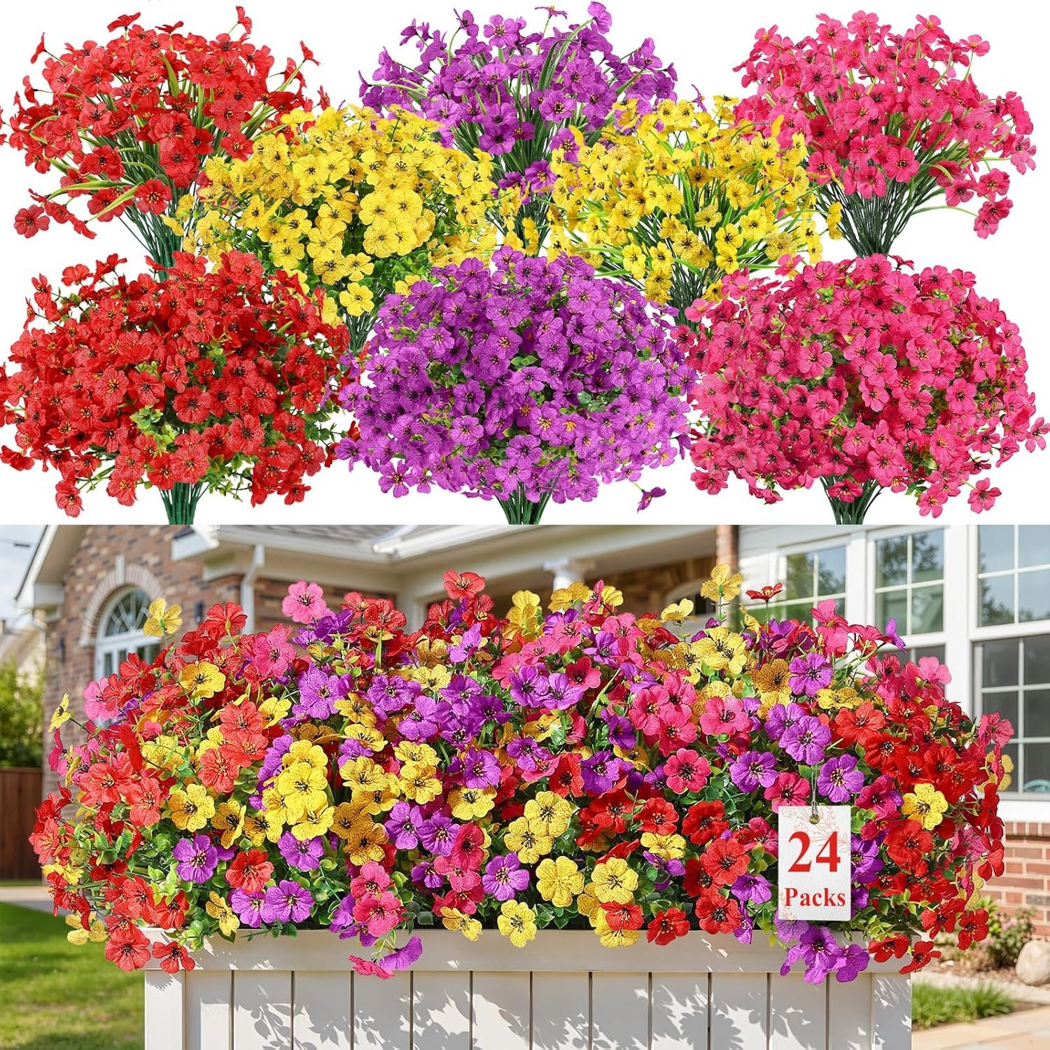 Alupssuc 24 Bundles Artificial Daisy Flowers UV Resistant for Outdoor Decor | Silk & Plastic, Spring Faux Plants Greenery, Bendable Stems, for Porch Patio Hanging Window Planter Yard Outside, 4 Colors