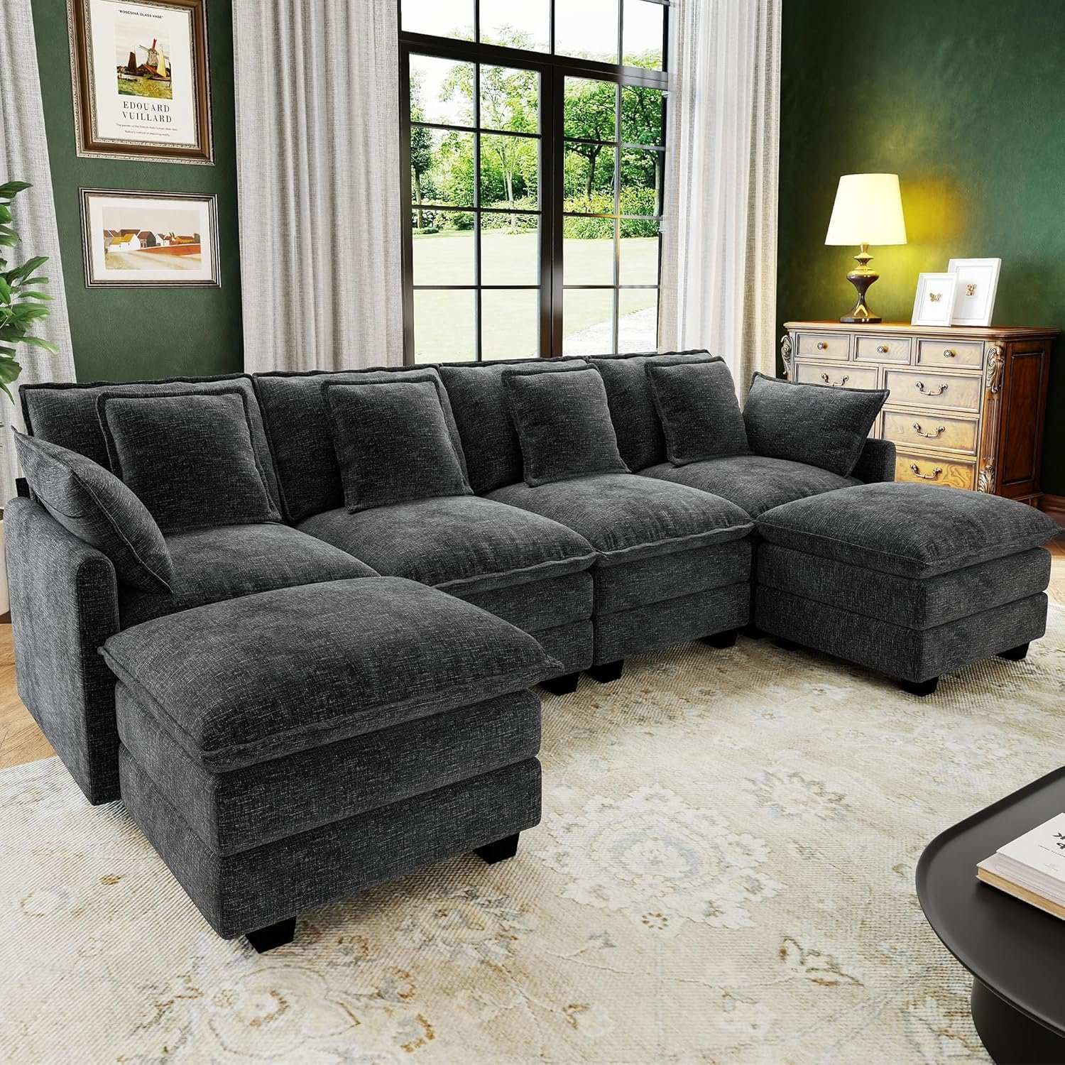 107″ Cloud Couch Sectional, U Shaped Modular Sectional Sofa, 4-Seat Deep Seat Couch with 6 Removable Washable Pillows and 2 Ottoman for Living Room, Bedroom, Apartment, Black