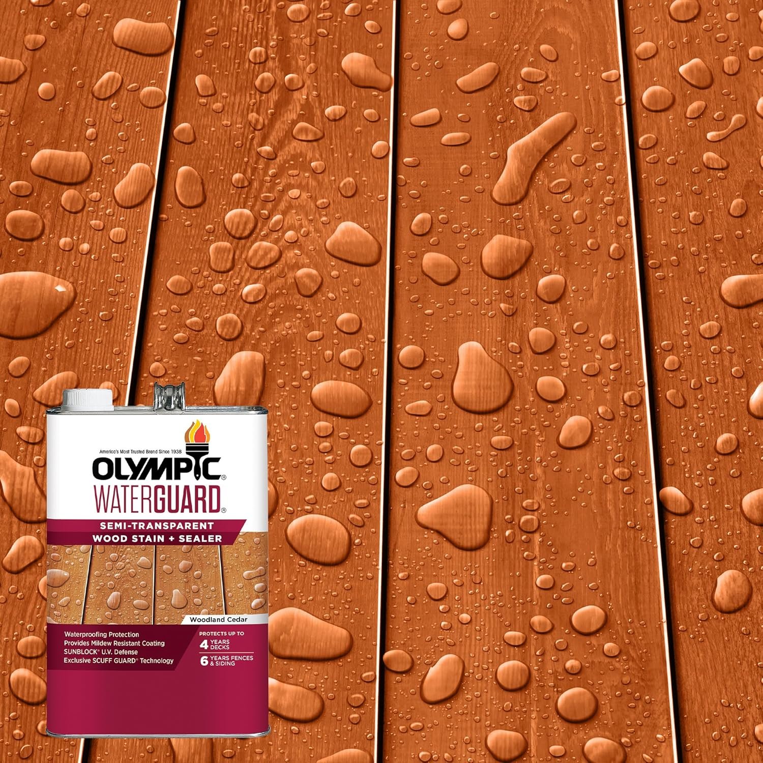 Olympic WaterGuard 1 gal Woodland Cedar Wood Stain & Sealer | Water-Based Deck, Fence & Siding Stain, Waterproofing UV, Semi-Transparent