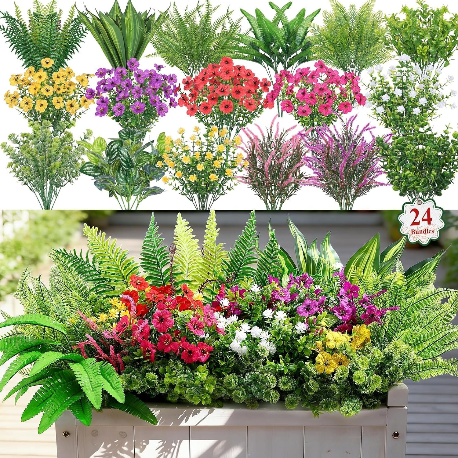 Alupssuc 24 Pcs Artificial Plants Flowers for Outdoors UV Resistant Decor | No Fade Plastic Spring Fake Plants Greenery, For Patio Porch Garden Pathway Home Spring Decor, 4 Colors