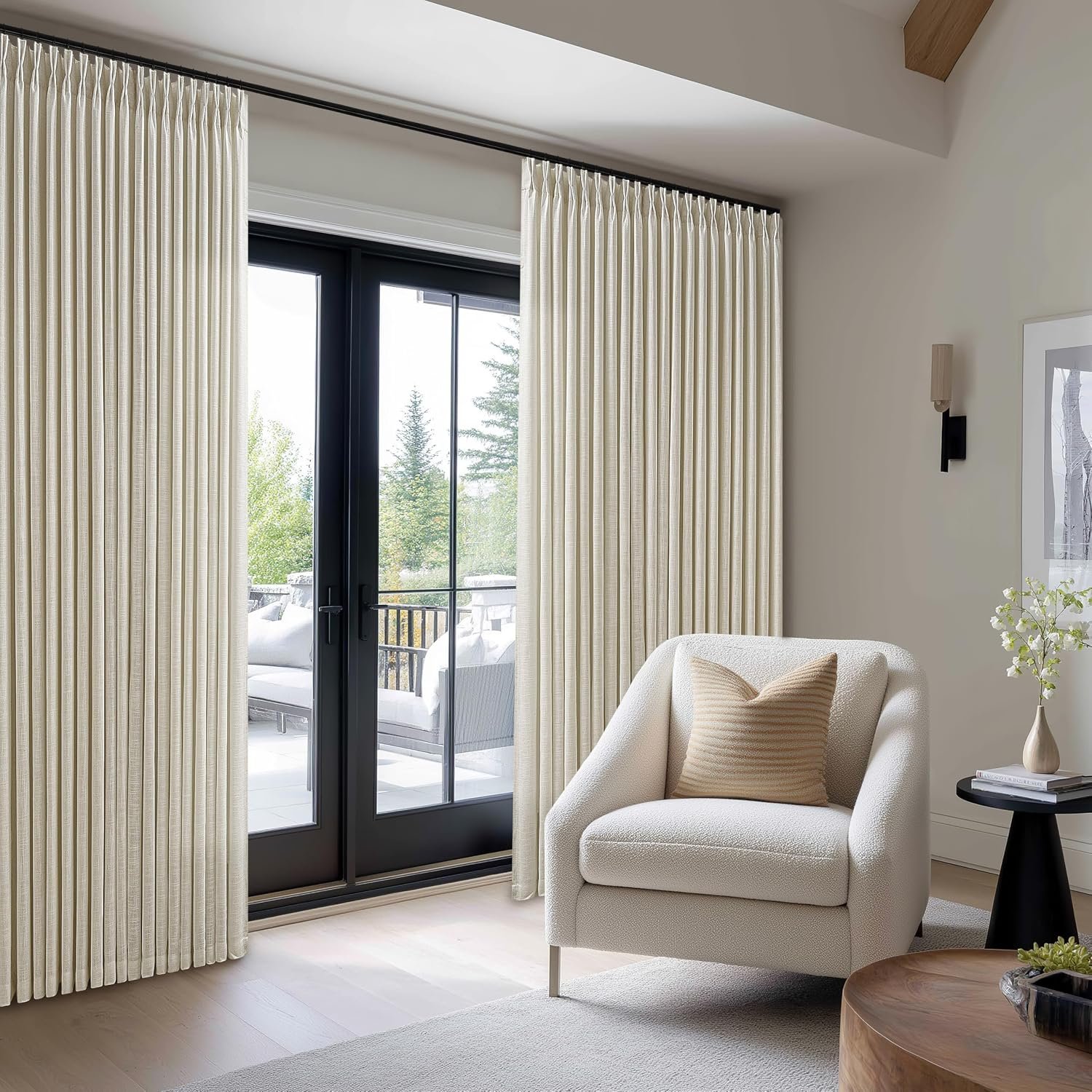 Pinch Pleated Linen 108 Inch Curtains 100 Inch Width Living Room | Light Filtering,Beige,Tan,Flax Linen,Memory Trained,Extra Wide,Patio Sliding Glass Door,Balcony,Large Window,100×108