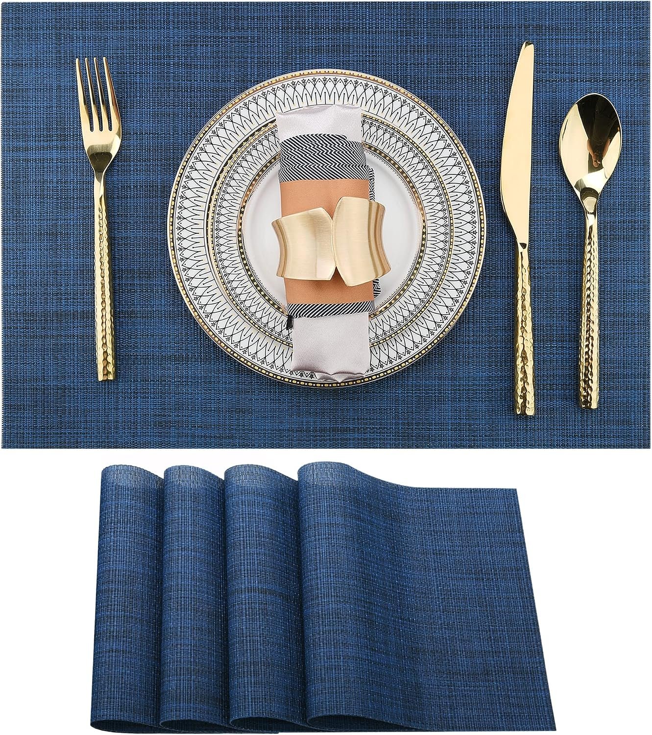 SLKQG Navy Blue Placemats Set of 4 – Easy Clean Washable Vinyl Placemats – Wipeable Heat Resistant Table Mats for Dining Table – 17×12 Inch (Navy Blue, 4)