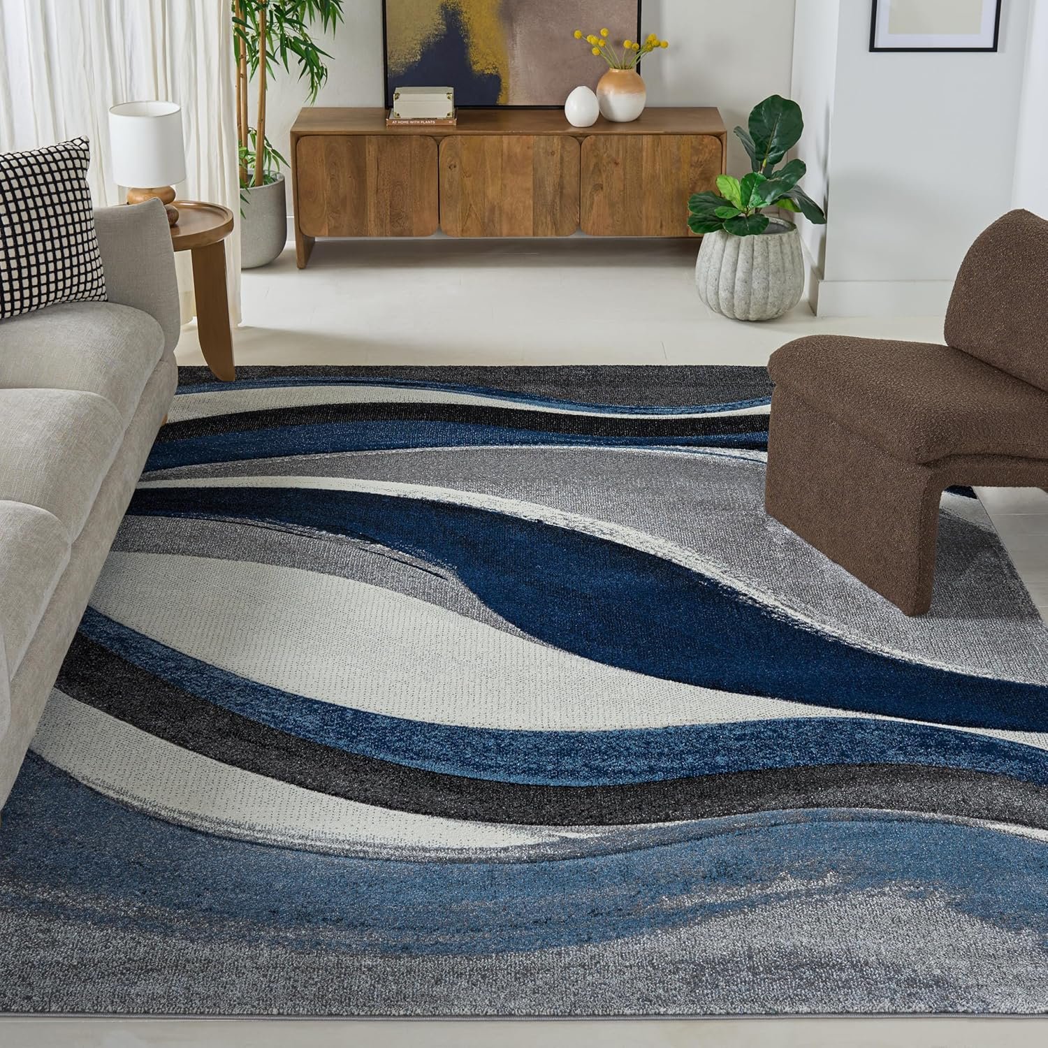 SAFAVIEH Area Rug 8×10 – Hollywood Collection – Large – Grey & Blue, Mid-Century Modern Design, Non-Shedding & Easy Cleaning, Ideal for Living Room, Bedroom, Office, Dining Space (HLW766F)