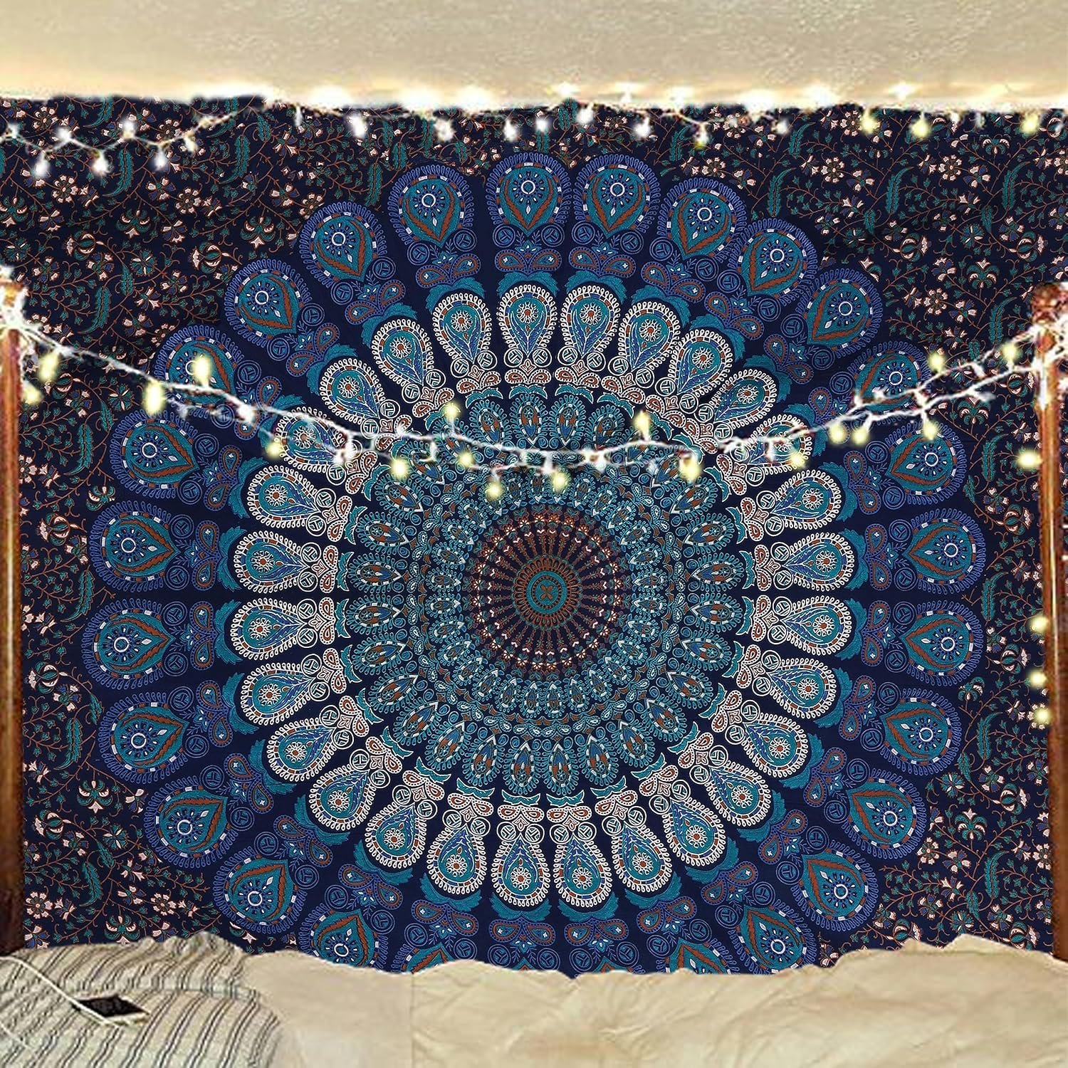 Bless International-Organic-Cotton-Blue-Green-Handmade-Mandala-Tapestry | Poster-76x101Cms-30×40″ Indian-Hippie-Bohemian-Psychedelic-Peacock-Wall-Hanging College-Dorm-Beach-Throw-Table-Cloth-Bedding