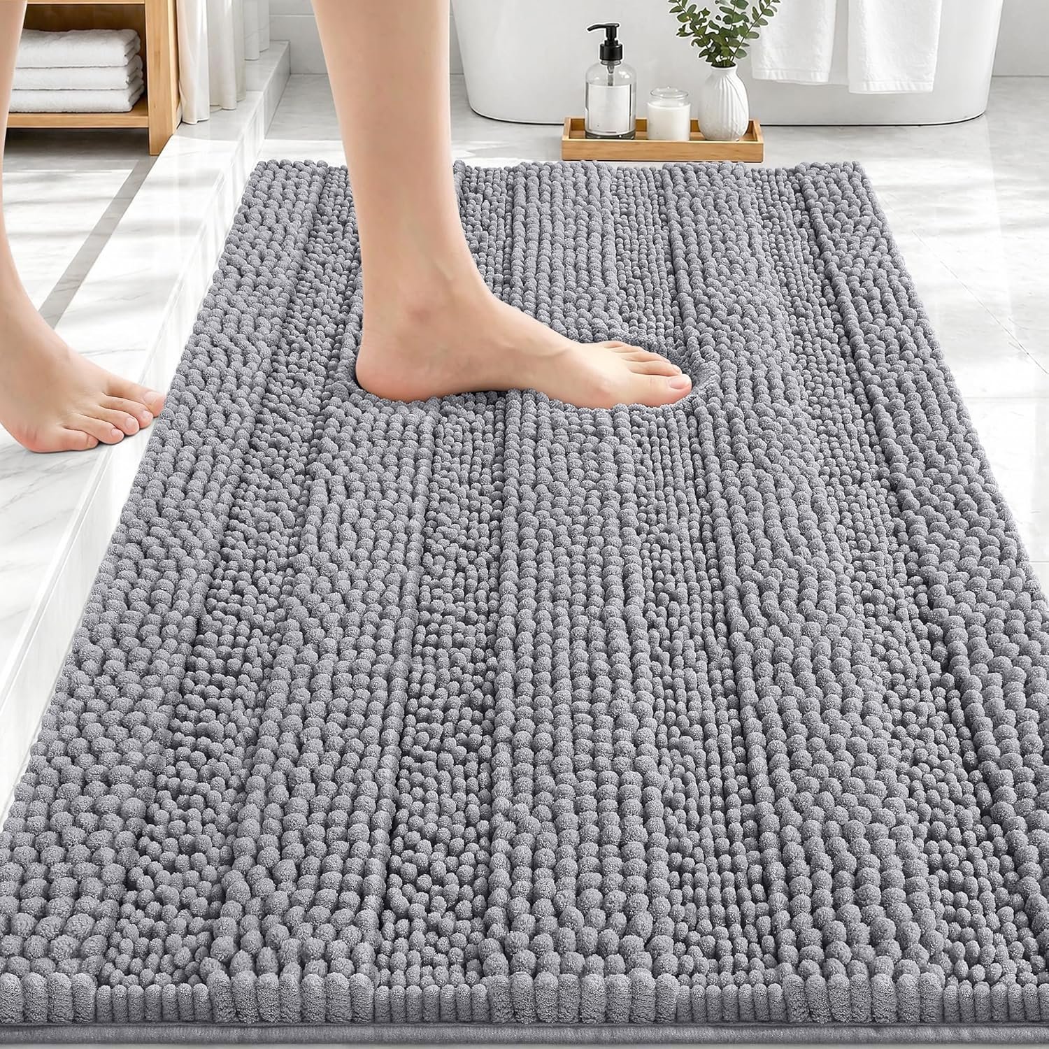 OLANLY Thick Bathroom Rugs 30×20, Soft Chenille Striped Bath Rugs, Grey | Rubber Backing, Machine Wash, Extra Absorbent Bath Mats for Bathroom Floor, Tub and Shower, Home Decor Accessories