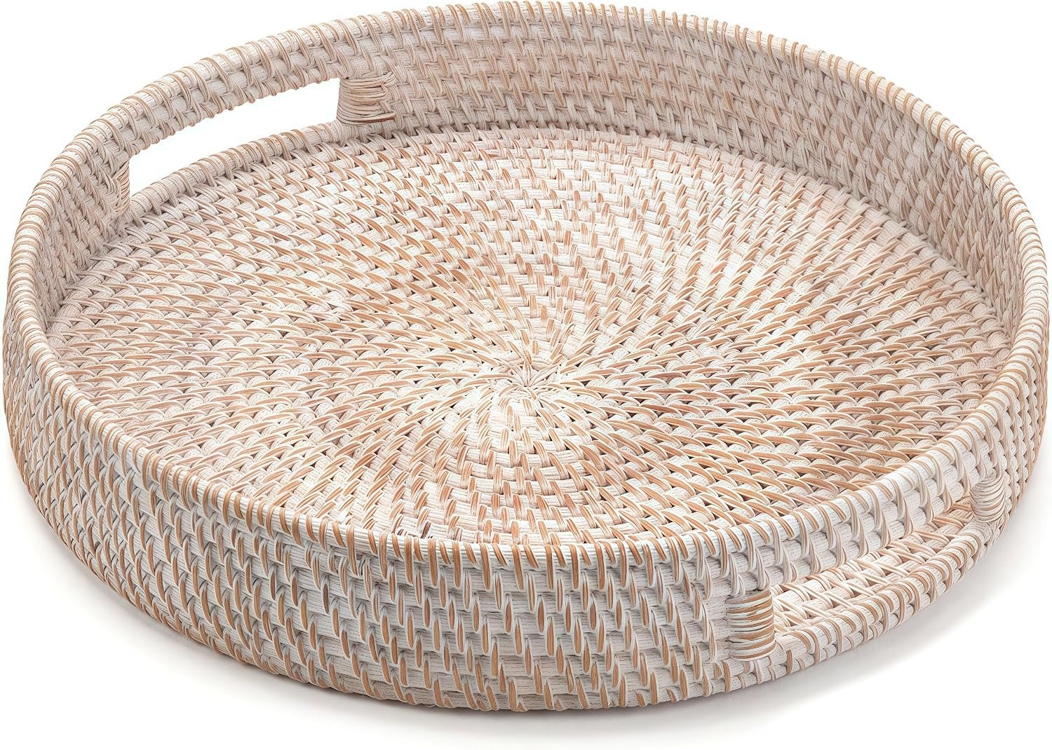 11.8″ Round Rattan Tray, Hand Woven Serving Tray with Handles, Wicker Serving Basket, Decorative Tray for Home Decor, Whitewash