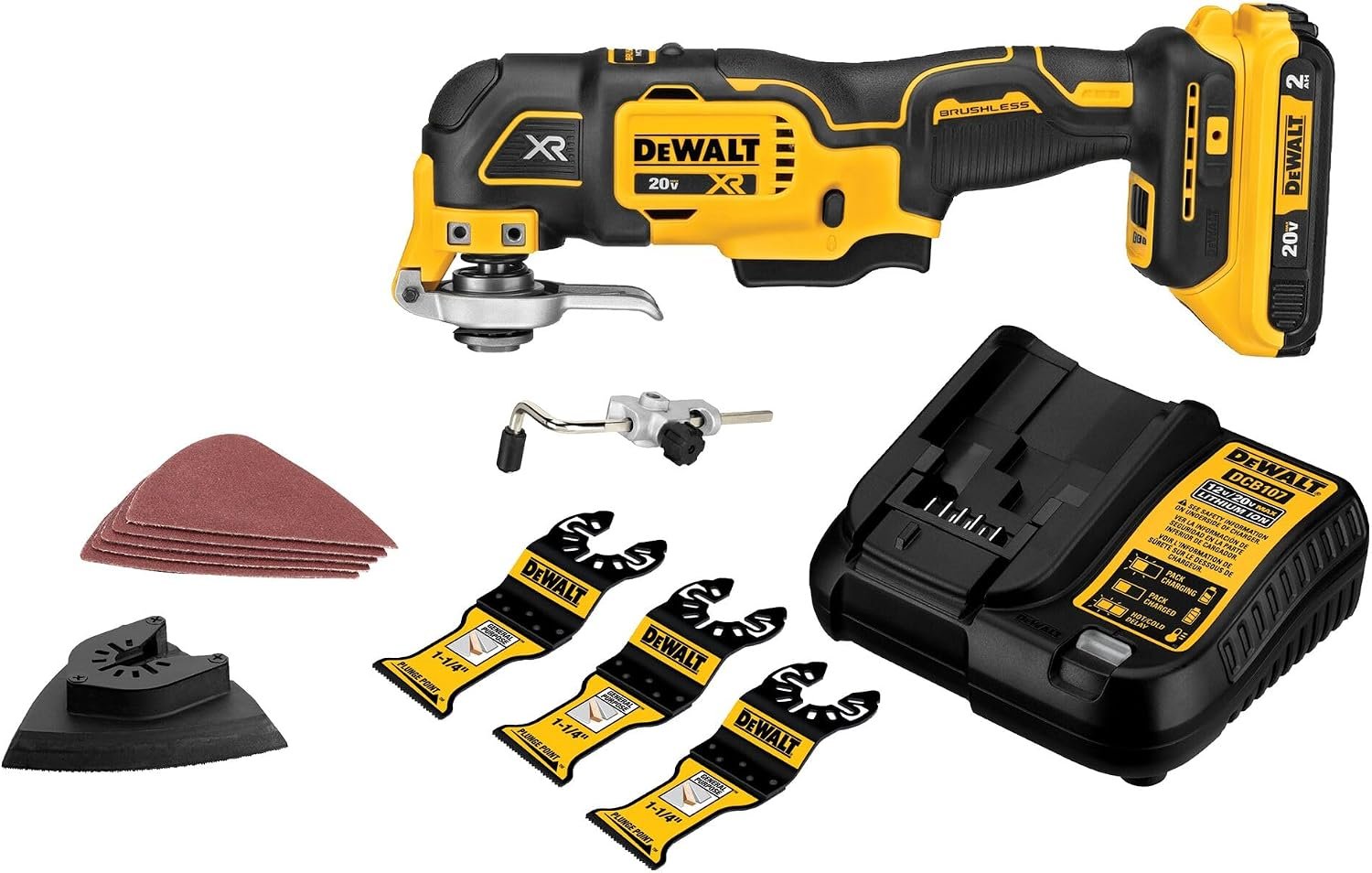 DEWALT 20V MAX XR Oscillating Multi-Tool Kit, Oscillating Tool Accessories, Cordless, 3-Speed, Quick Blade Change, Sand Paper, Blades, Battery and Charger Included (DCS356D1)