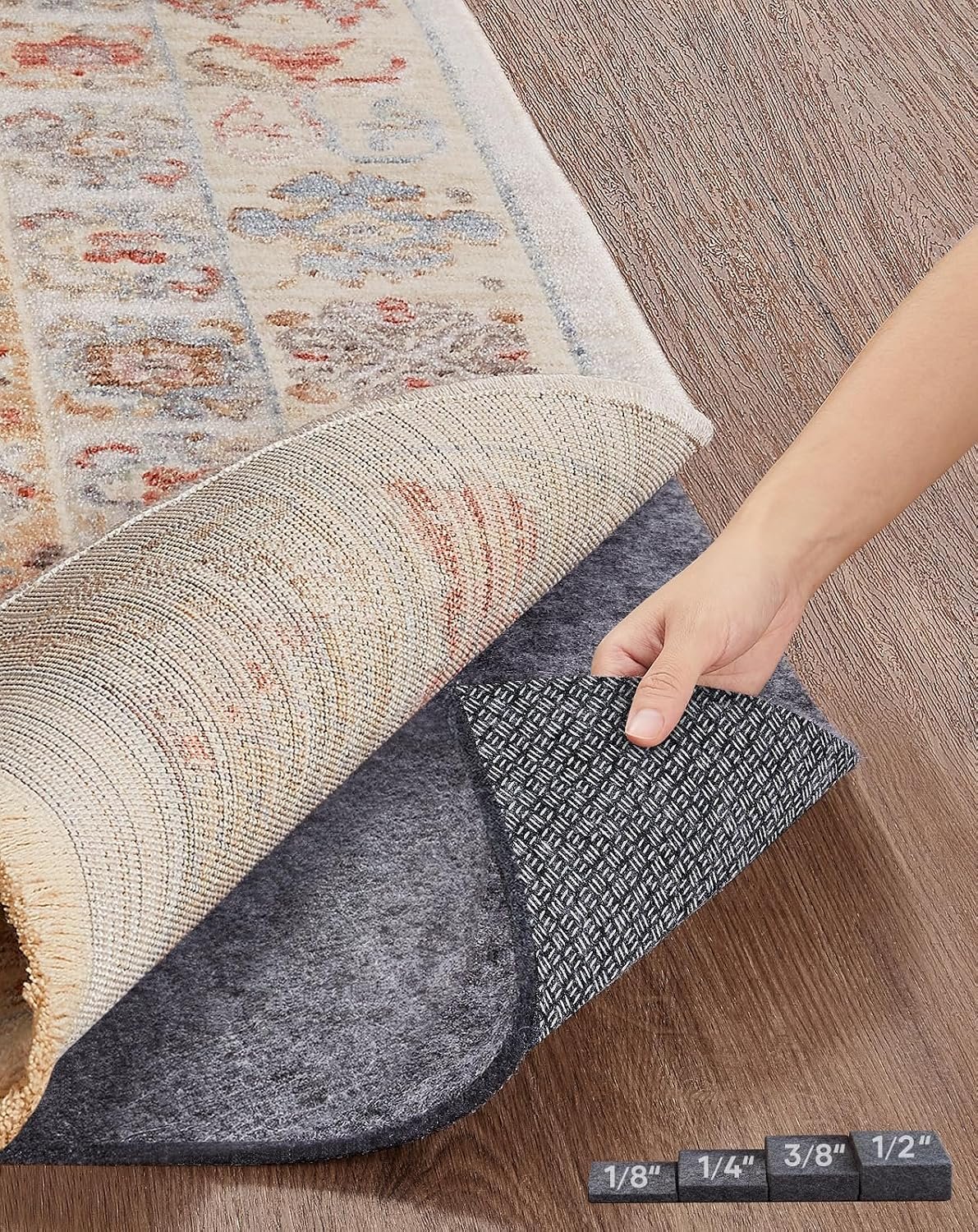 Veken Non Slip Cushioned Rug Pad Gripper, Felt and Silicone Backing, 8 x 10 Ft, 1/4 inch Thick Carpet Liner Protector Mat for Area Rugs and Hardwood Floors, with Over 99 Pcs Anti-Slip Strips Pattern